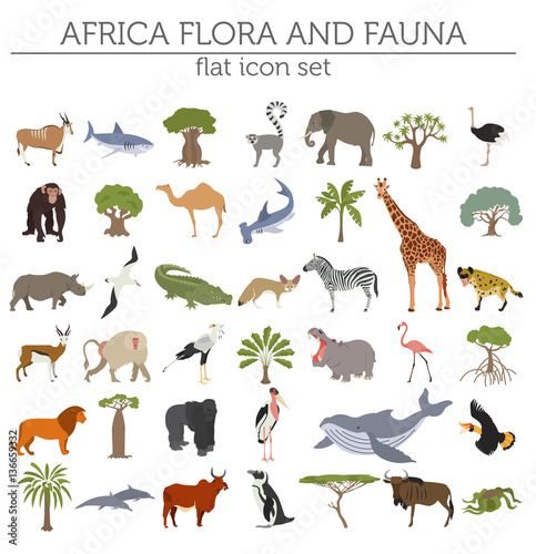 Flat Africa flora and fauna map constructor elements. Animals, b