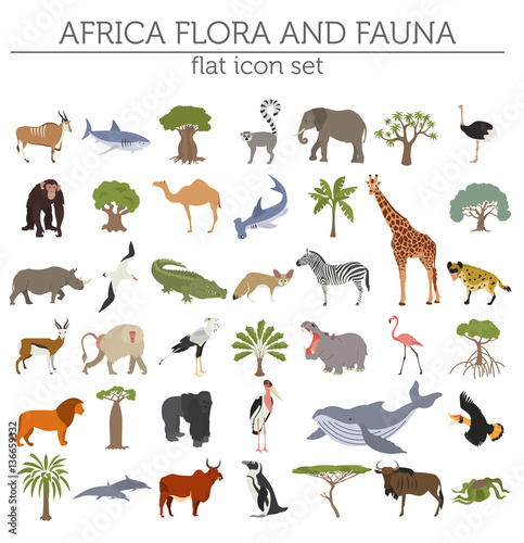 Flat Africa flora and fauna map constructor elements. Animals  b