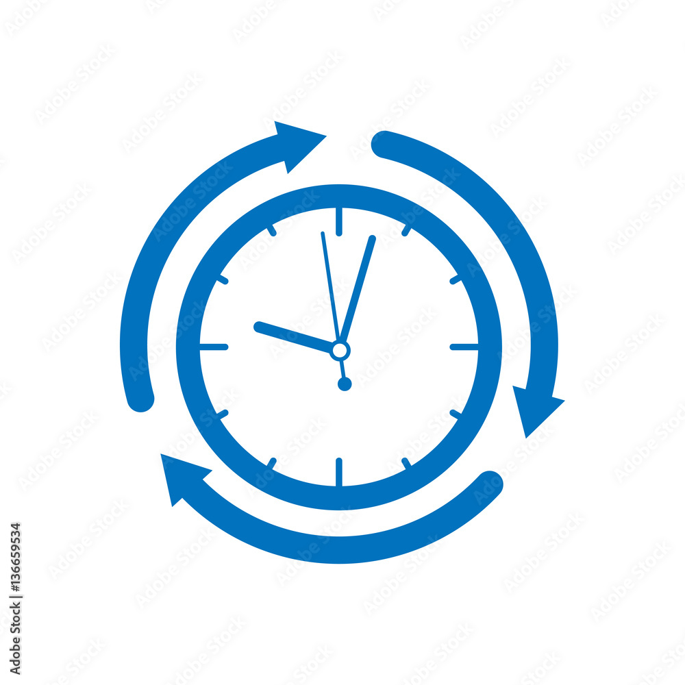 Icono plano reloj con flechas girando azul en fondo blanco Icono plano reloj con flechas girando azul en fondo blanco
