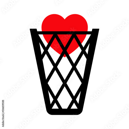 Icono plano corazon rojo en papelera en fondo blanco