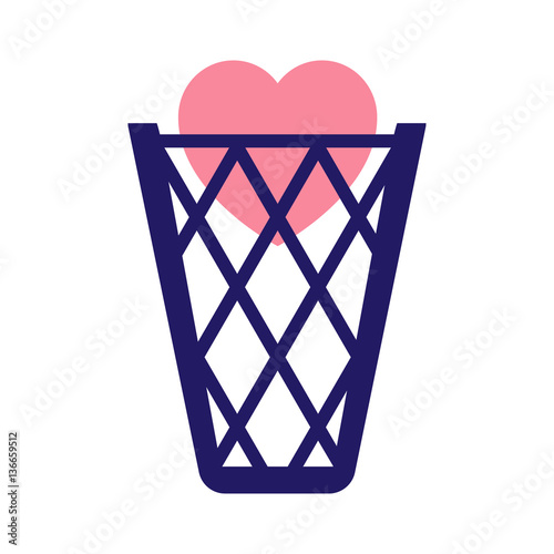 Icono plano corazon rosa en papelera en fondo blanco