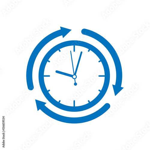 Icono plano reloj con flechas girando azul en fondo blanco
