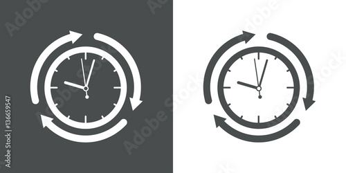 Icono plano reloj con flechas girando gris y blanco