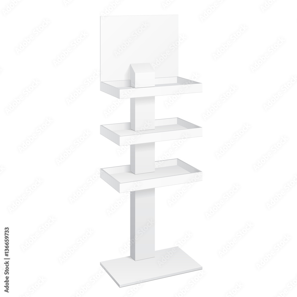 Retail Shelves Floor Display Rack For Supermarket Blank Empty Displays With Banner Products Mock Up. 3D On White Background Isolated. Ready For Your Design. Product Advertising. Vector EPS10 Retail Shelves Floor Display Rack For Supermarket Blank Empty Displays With Banner Products Mock Up. 3D On White Background Isolated. Ready For Your Design. Product Advertising. Vector EPS10