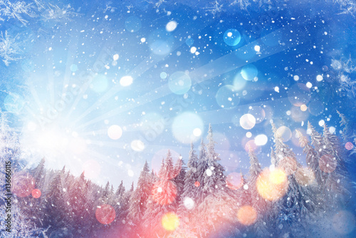 winter landscape trees snowbound  bokeh background with snowflak