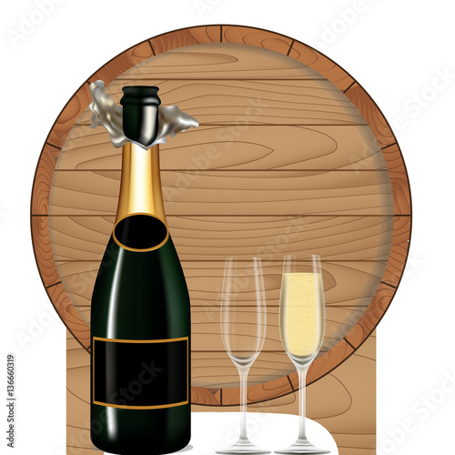 Bottle green wine with glass and barrel