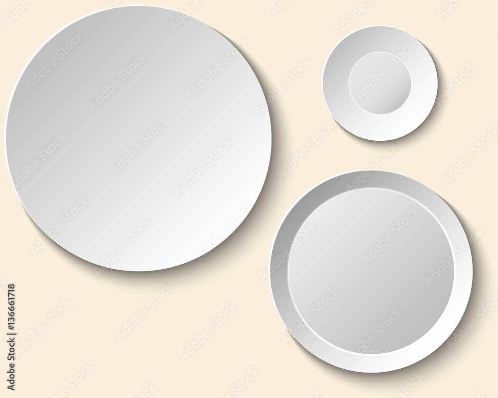 Set of empty white plates. Dish Wall template for decorative pattern.