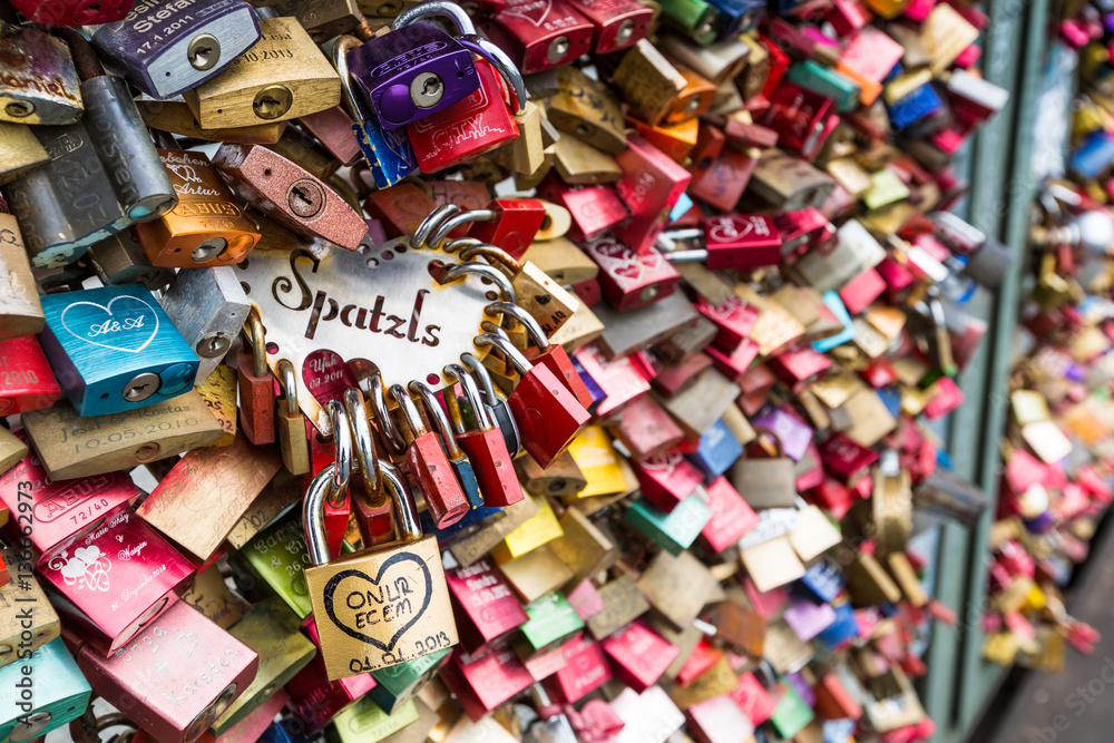 Fototapeta premium Thousands of love locks which sweethearts lock to the Hohenzollern Bridge to symbolize their love in Koln, Germany