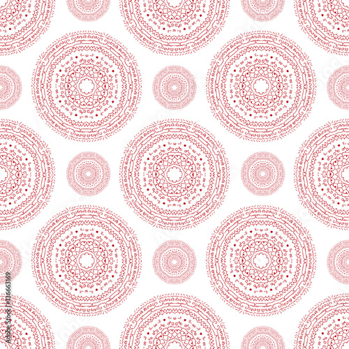 Hand drawn outline mandala abstract seamless pattern red and whi
