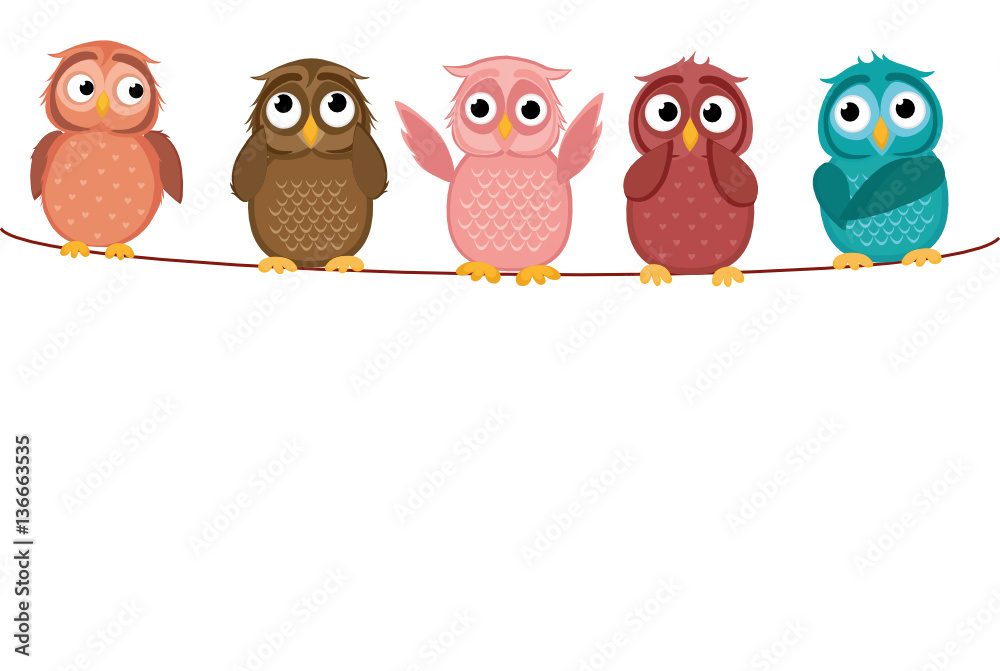 Five cute colored owlet sitting on a rope. A red hearts with a picture hanging on a rope. Valentine's Day. Vector illustration. Greeting card with empty space for the label or advertising. Five cute colored owlet sitting on a rope. A red hearts with a picture hanging on a rope. Valentine's Day. Vector illustration. Greeting card with empty space for the label or advertising.
