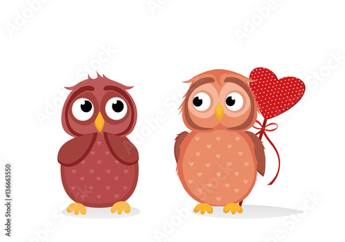 Owlet Cute boy wants to give heart to the Valentine's Day gift to girl owl. She is embarrassed and waiting. 