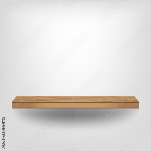 Empty wood shelf on white