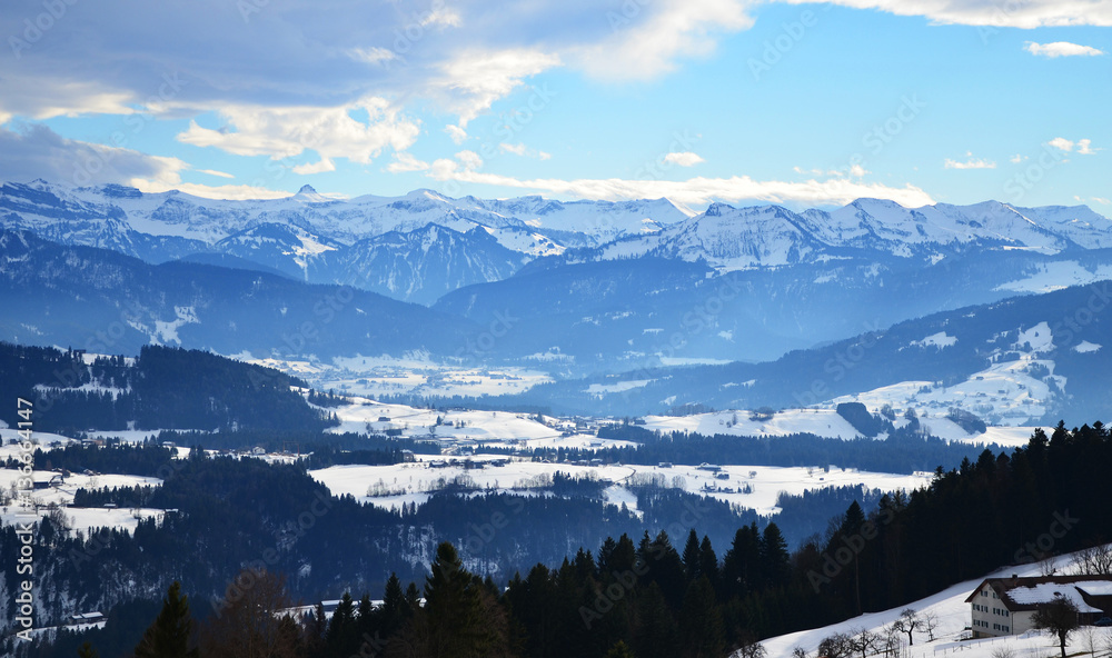 View of the Allgaeu Alps (Allgäu Alps) covered in snow, as seen from Sulzberg, Vorarlberg, Austria