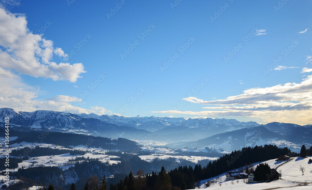 View of the Allgaeu Alps (Allgäu Alps) covered in snow, as seen from Sulzberg, Vorarlberg, Austria