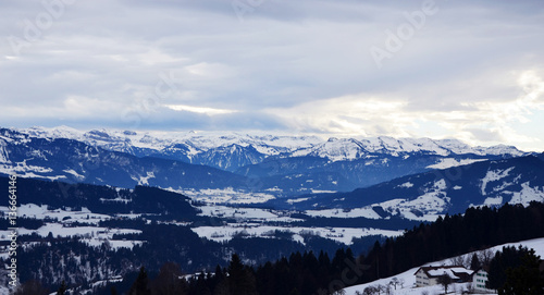 View of the Allgaeu Alps (Allgäu Alps) covered in snow, as seen from Sulzberg, Vorarlberg, Austria