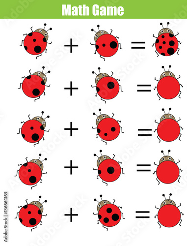 Math educational counting game for children, addition worksheet. Calculate the ladybug dots