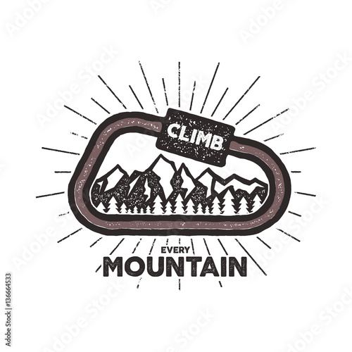Vector carabiner label. Vintage design with text and climbing symbols - mountains. Typography t-shirt print emblem isolated on white background. Letterpress effect