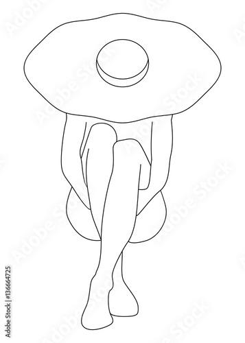 black contour girl in hat hugging her knees on a white backgroun