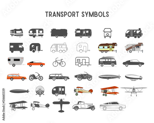 Transport vector shapes and elements for creation your own outdoor labels, wilderness retro patches, adventure vintage badges, hiking stamps. Rv trailers, planes, biplanes, airships