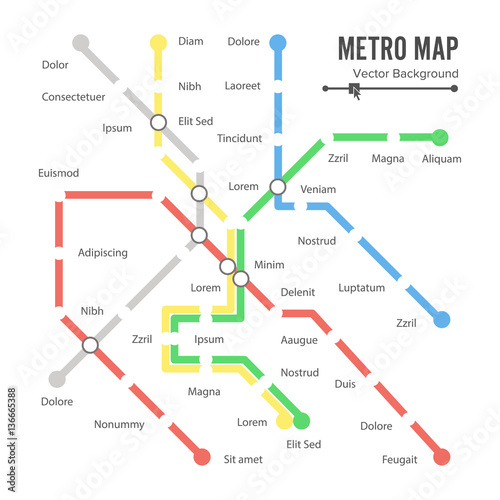 Metro Map Vector. City Transportation Scheme Concept. Colorful Background With Stations
