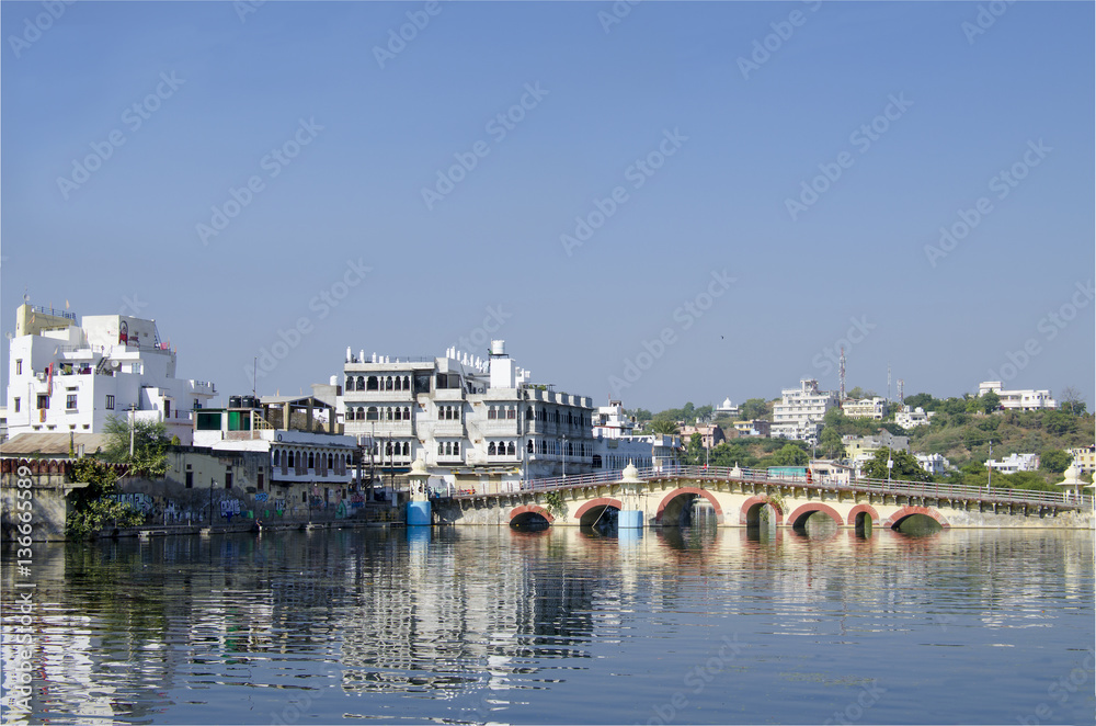 Landscape the city of Udaipur in India on water, the city
