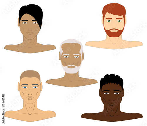 male busts on a white background of different ages and nationali photo