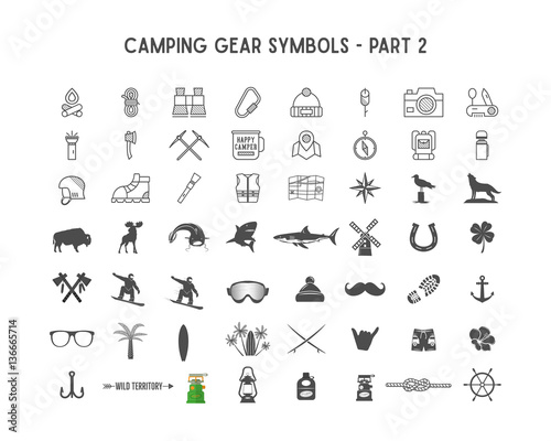 Set of Vector silhouette icons and shapes with different outdoor gear, camping symbols for creating adventure logotypes, badge designs, use in infographics, posters. Isolated on white. Part 2