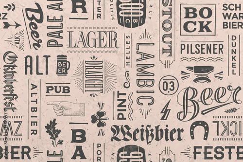 Seamless pattern with types of beer and hand drawn lettering for bar, pub, cafe, fest and party. Vintage drawing for placemat, bar menu, t-shirt print and beer themes. Vector Illustration
