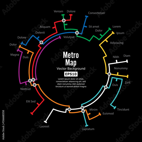Metro Map Vector. Template Of City Transportation Scheme For Underground Road. Colorful Background With Stations