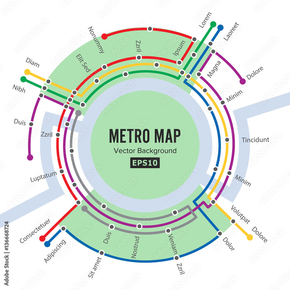 Metro Map Vector. Template Of City Transportation Scheme For Underground Road. Colorful Background With Stations Metro Map Vector. Template Of City Transportation Scheme For Underground Road. Colorful Background With Stations