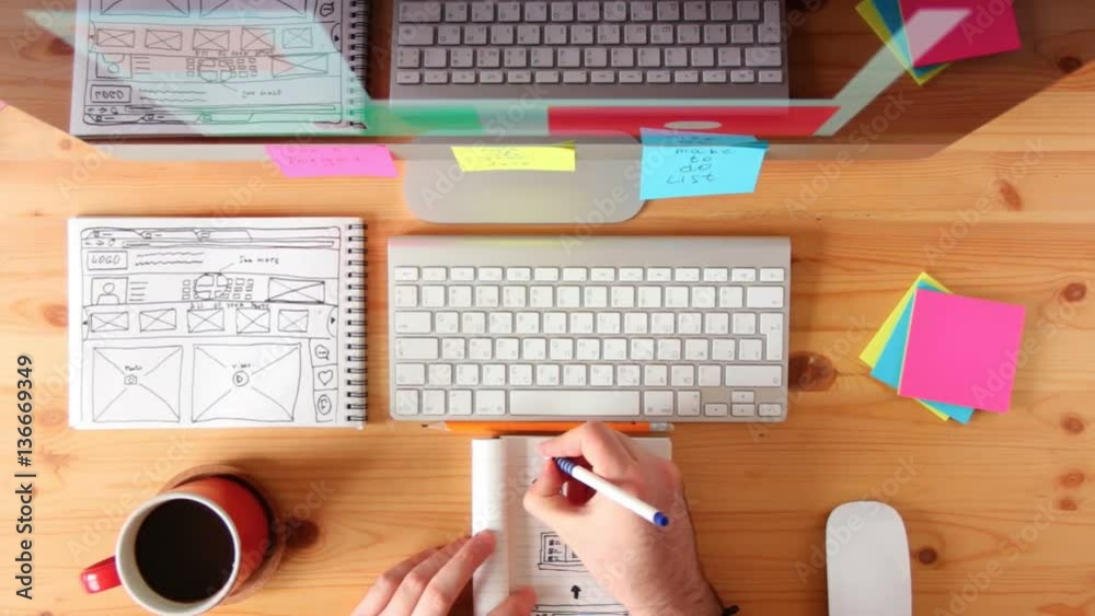 Top view of working place. Webmaster draws the future layout of the web pages in the sketch book.