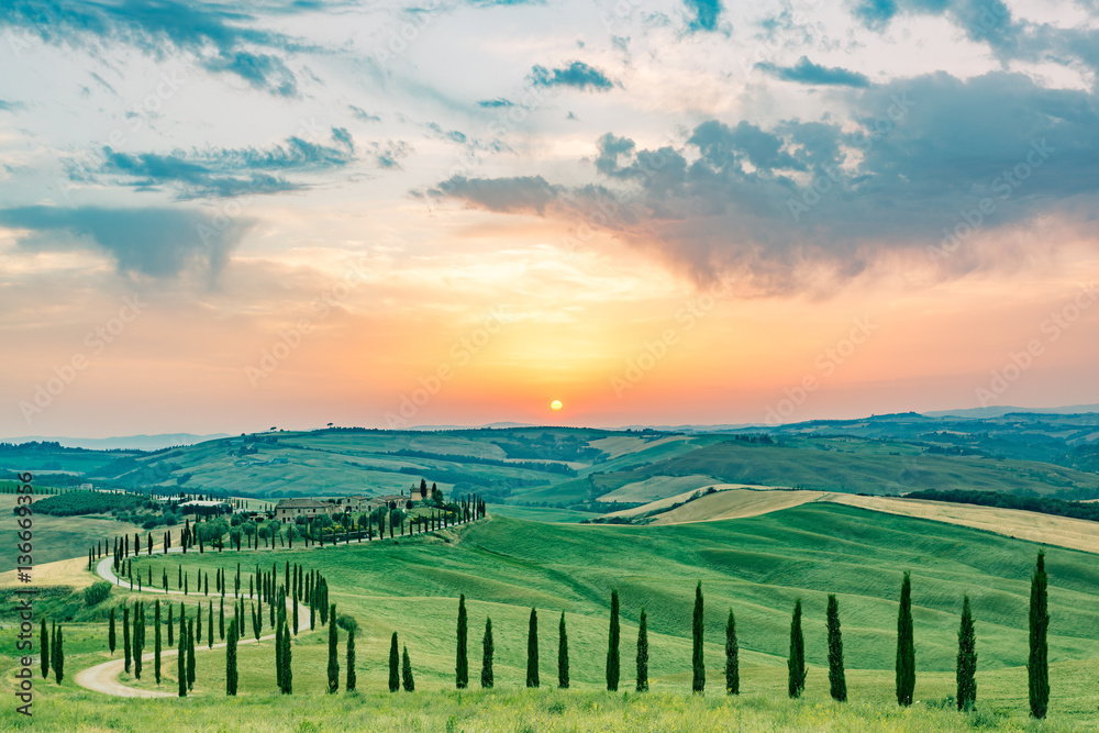 Tuscany, landscape and rolling hills at sunset