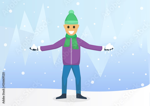 Happy man holding snow. Winter vector illustration.