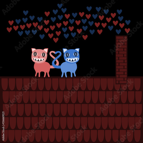 Terrible Valentine cats with large teeth, on roof in night.