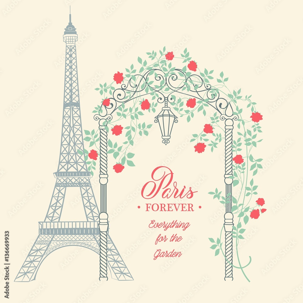 Old postcard with eiffel tower and spring flowers on the garden arch. Rose garden with arch flowers, text template place in the bottom. Vector illustration.