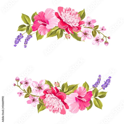 Tropical flower garland. Free copy space invitation card with floral garland. Vector illustration.
