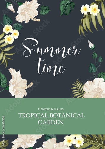 The book cover. Summer time and botanical garen text over green background with flower frame. Tropical flower pattern on the book cover design. Vector illustration.