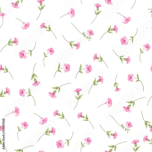 Elegant flowers fabric with seampless pattern. Spring flowers pattern over white background. Vector illustration.