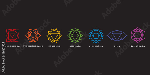 Set of seven chakra symbols with names, vector photo