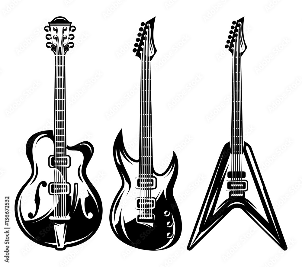 Fototapeta premium vector set of monochrome electric guitar for poster design