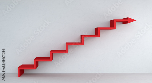 Red stairs arrow going up on concrete wall 3D rendering