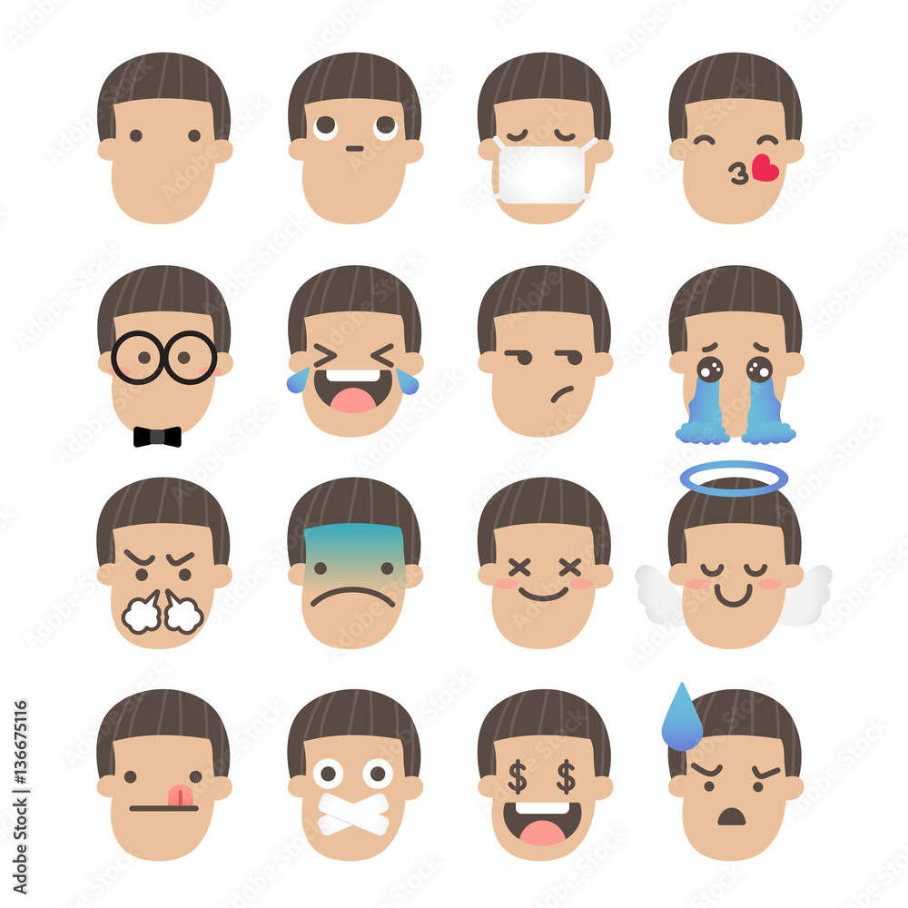Set of boy face emoticons icon pack with various facial expressions in flat design on white background.