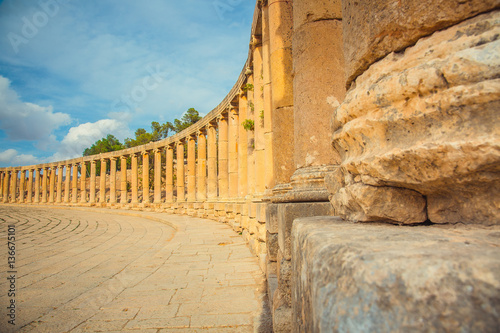 View of Oval Forum colonnade in ancient Jerash, Jordan