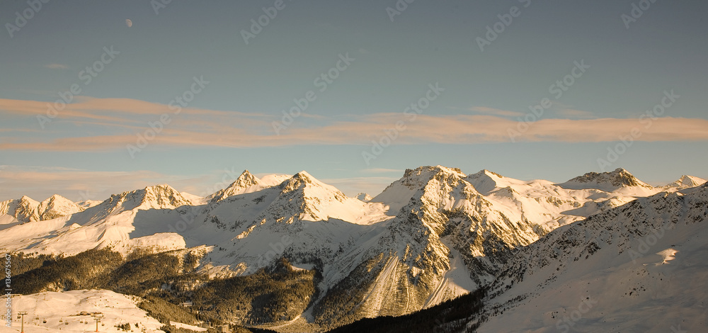 Swiss Alpine panorama at sunset