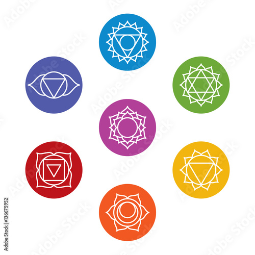 Set of seven chakra symbols. Yoga, meditation. Vector