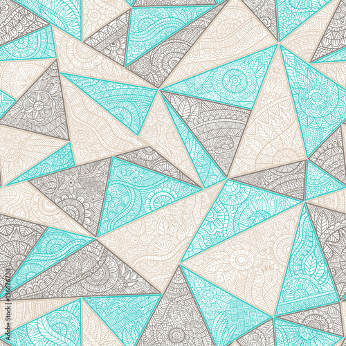 Seamless summer pattern patchwork. Zentangl with elements of flowers, leaves, geometric abstractions. Print for your textile. Blue, gray and white colors.