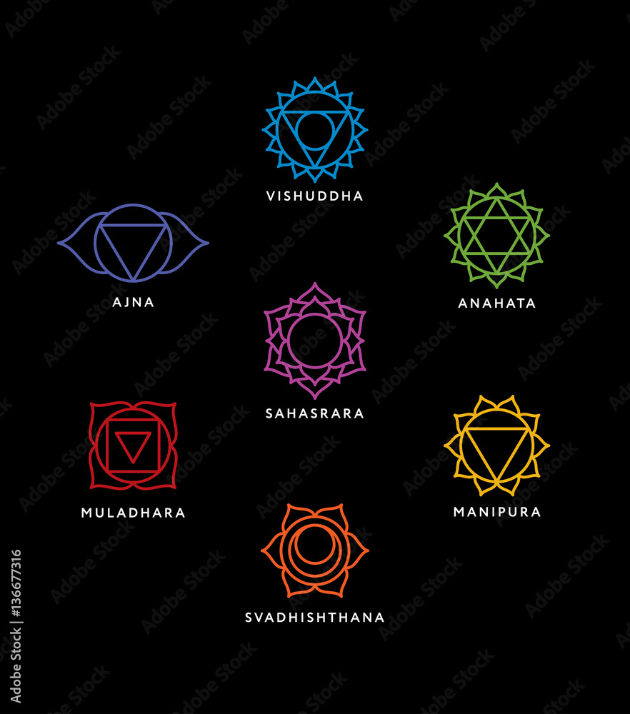 Set of seven chakra symbols with names. Vector Set of seven chakra symbols with names. Vector