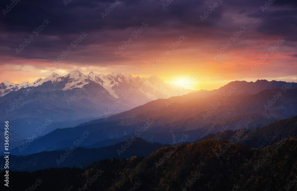 The view from the mountains to Mount Ushba Mheyer, Georgia. Euro