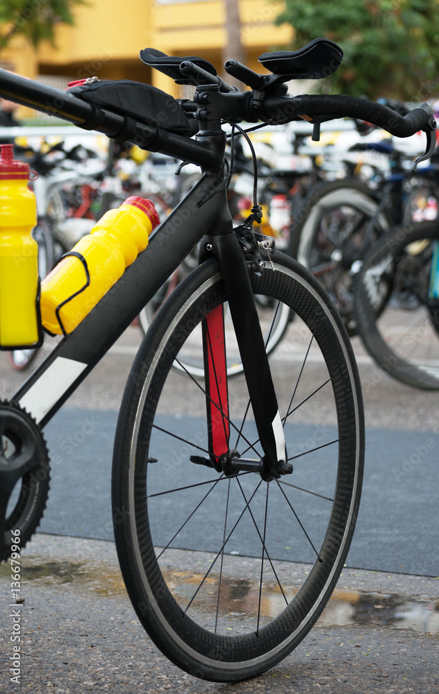 Bicycle after race on the street. Bicycle after race on the street.