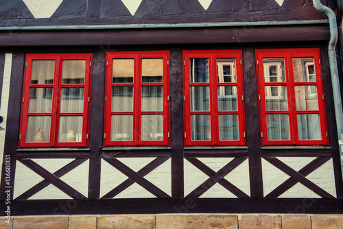 Facade of a building with windows. Charming town in Germany . Li
